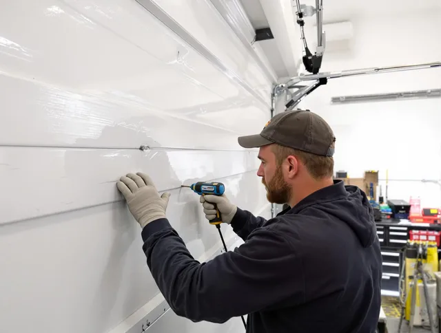 Pataskala Garage Door Repair technician demonstrating precision dent removal techniques on a Pataskala garage door