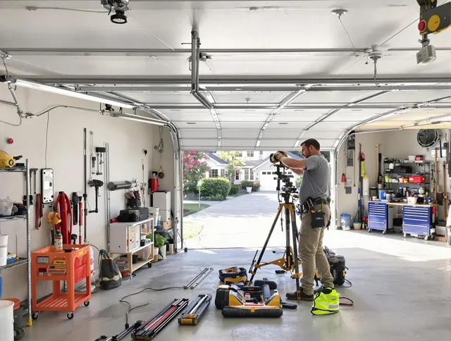 Pataskala Garage Door Repair specialist performing laser-guided track alignment in Pataskala